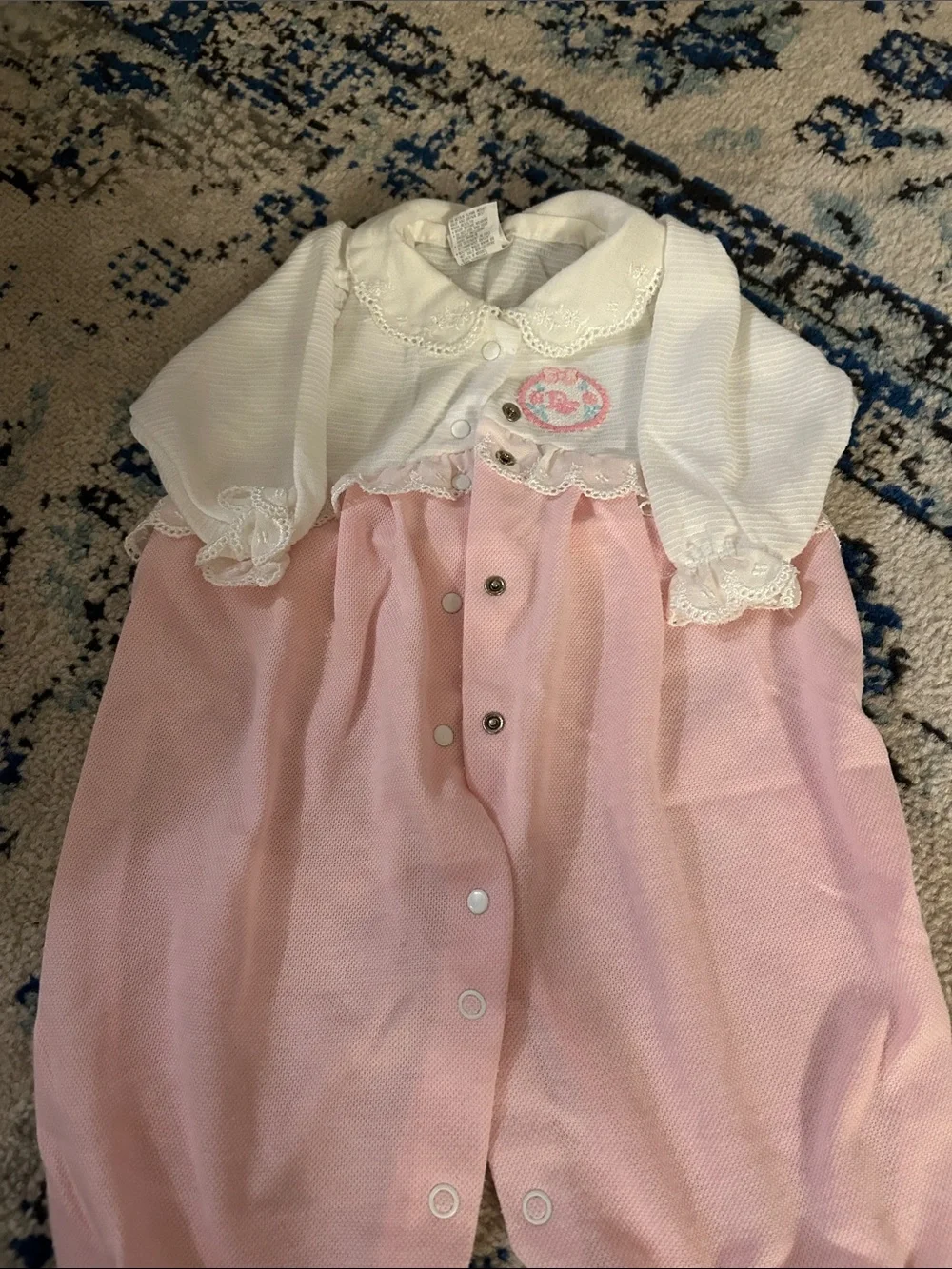 Vintage Baby Dior Pink & White Embroidered Romper Lace Trim Size Medium